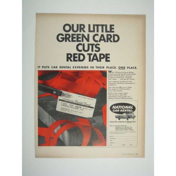 National Car Rental 1967 Ad Print Green Card Cuts Red Tape - Picture 1 of 2